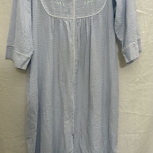 Vtg Miss Elaine Zip Front House Dress Seersucker Blue Stripe Embroidered L EUC